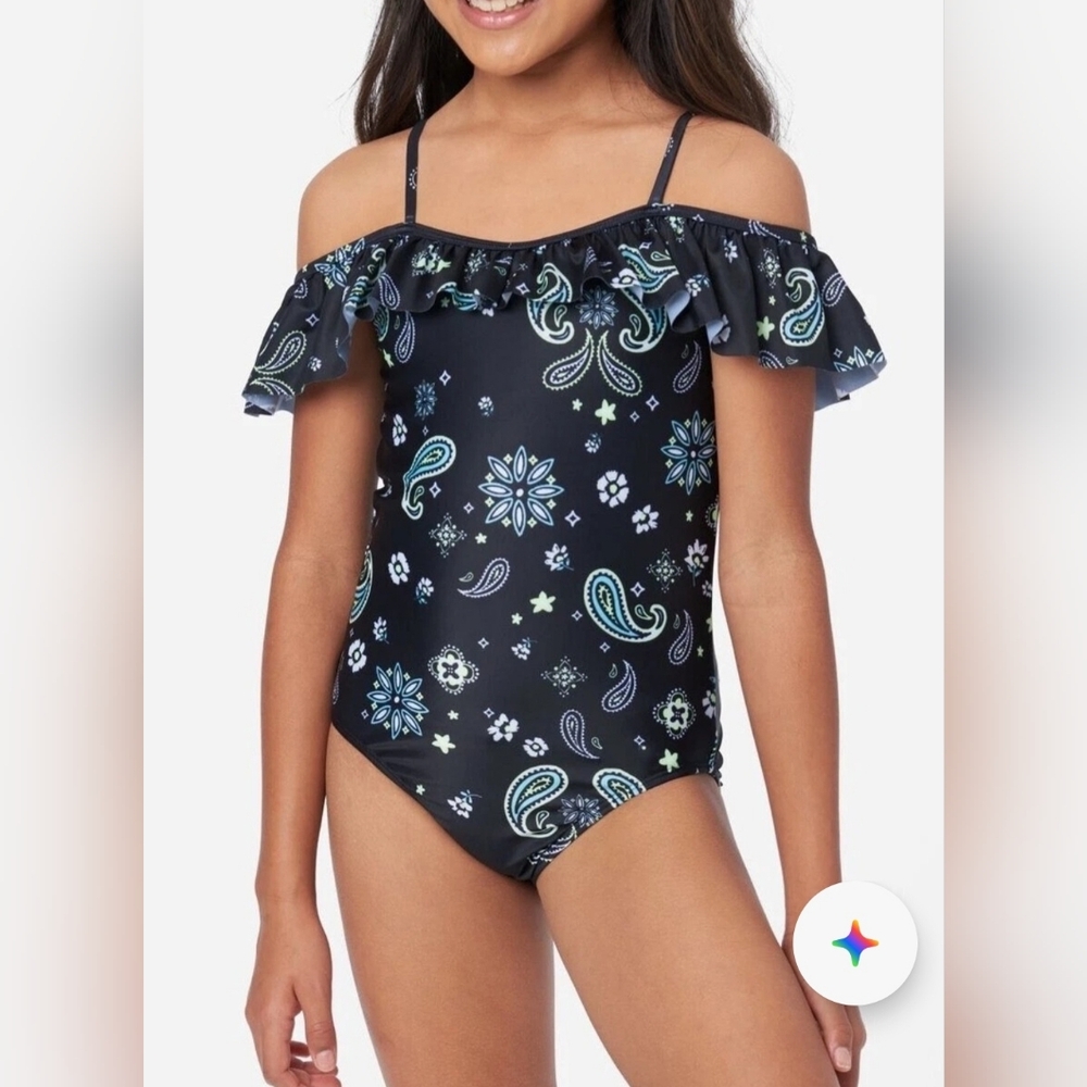 JUSTICE Girls Swimsuit 12-14  Large Off Shoulder Paisley Black White Ruffle NWOT